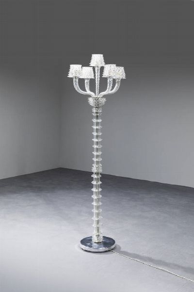 Ercole Barovier : Lampada da terra in vetro rostrato  base in acciaio. Anni '50 h cm 187  - Asta Design - Associazione Nazionale - Case d'Asta italiane