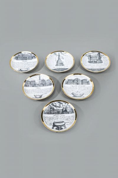 PIERO FORNASETTI Milano 1913 - 1988 : Sei piatti della serie Specialit� torinesi  - Asta Design - Associazione Nazionale - Case d'Asta italiane