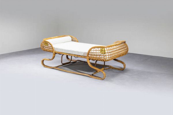 PRODUZIONE ITALIANA : Day bed in midollino  cuscini imbottiti rivestiti in tessuto. Anni '50 cm 70x210x100  - Asta Design - Associazione Nazionale - Case d'Asta italiane
