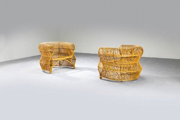 F.LLI CASTANO : Coppia di grandi poltrone in bamboo e canna d'India. Anni '60 cm 72x87x70  - Asta Design - Associazione Nazionale - Case d'Asta italiane