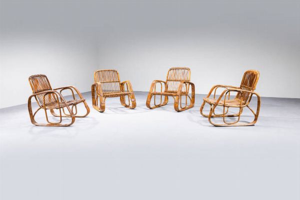 PAUL FRANKL : Quattro poltrone in bamboo  giunco e canna dIndia  Anni '60  cm 80x70x75  - Asta Design - Associazione Nazionale - Case d'Asta italiane