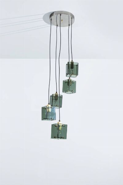 PRODUZIONE ITALIANA : Lampadario in ottone nichelato  diffusori in vetro fum. Anni '60 cm 124x30  - Asta Design - Associazione Nazionale - Case d'Asta italiane