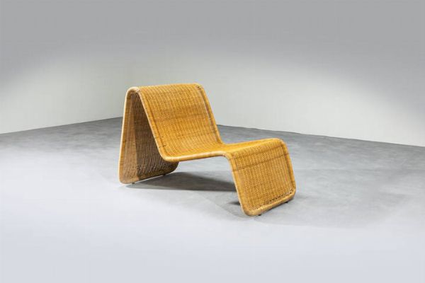 TITO AGNOLI : Poltrona con struttura in ferro e midollino. Anni '60 cm 68x100x60  - Asta Design - Associazione Nazionale - Case d'Asta italiane