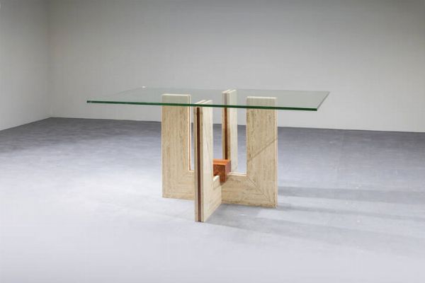 PRODUZIONE ITALIANA : Tavolo in travertino  filetti in travertino colorato  piano in cristallo. Anni '60 cm 145x72x85  - Asta Design - Associazione Nazionale - Case d'Asta italiane
