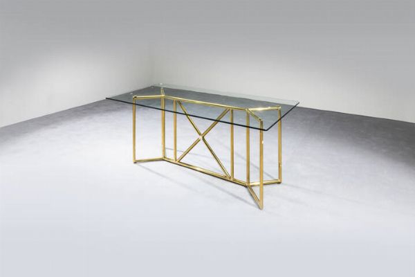 PRODUZIONE ITALIANA : Tavolo con struttura in ottone  piano in vetro. Anni '70 cm 76x181x90  - Asta Design - Associazione Nazionale - Case d'Asta italiane