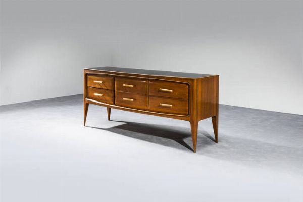 PRODUZIONE ITALIANA : Mobile contenitore a due cassetti lunghi e due pi piccoli  maniglie in ottone  piano in vetro. Anni '50 cm 78x180x52 Difetti  - Asta Design - Associazione Nazionale - Case d'Asta italiane