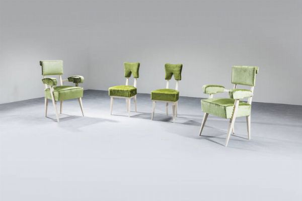 BBPR  attribuito : Due sedie e due poltrone con struttura in legno laccato  imbottitura rivestita in velluto. Anni '50 sedie cm 89x45x41 poltrone cm 90x58x50  - Asta Design - Associazione Nazionale - Case d'Asta italiane