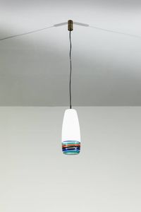 MASSIMO VIGNELLI - Lampada a sospensione in vetro soffiato bianco e a fasce policrome. Prod. Venini h cm 36