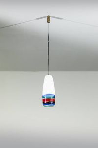 MASSIMO VIGNELLI - Lampada a sospensione in vetro soffiato bianco e a fasce policrome. Prod. Venini  h cm 36