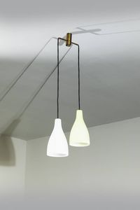 MASSIMO VIGNELLI - Lampadario a due diffusori  uno in vetro lavorato a canne e uno in vetro lattimo. Anni '50 diffusro h cm 29