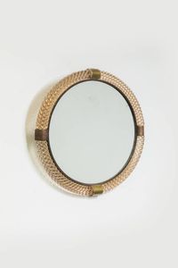 VENINI - Specchio con cornice in vetro lavorato a torchon  particolari in ottone. Anni '50 diam cm 63