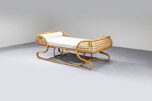 PRODUZIONE ITALIANA - Day bed in midollino  cuscini imbottiti rivestiti in tessuto. Anni '50 cm 70x210x100