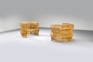 F.LLI CASTANO - Coppia di grandi poltrone in bamboo e canna d'India. Anni '60 cm 72x87x70