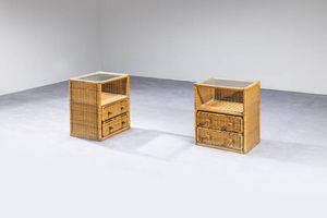 VIVAI DEL SUD - Coppia di comodini in bamboo  piano in vetro. Anni '70 cm 60x51x40