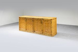 VIVAI DEL SUD - Grande credenza a quattro ante con struttura in bamboo e particolari in ottone. Anni '60  cm 78x200x47