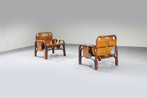 TITO AGNOLI - Coppia di poltrone con struttura in bamboo  seduta e fianchi in cuoio. Anni '70 cm 76x72x72