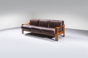 MOBILGIRGI - Divano con struttura in legno  cuscini imbottiti rivestiti in pelle. Anni '70 cm 75x205x95