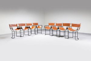 PRODUZIONE ITALIANA - Otto poltroncine con struttura in metallo verniciato  braccioli in metallo cromato  sedute in cuoio. Anni '70  [..]