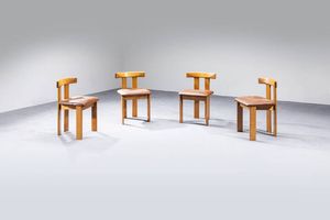 LUIGI VAGHI - Quattro sedie con struttura in legno  sedute imbottite rivestite in vinilpelle. Prod. Former anni '70 cm 73x45.5x41  [..]