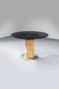 PRODUZIONE ITALIANA - Tavolo con fusto in corteccia di sughero  base in acciaio e piano in vetro  Anni '90  cm 75x120