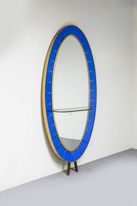 CRISTAL ART - Specchiera con mensola  bordo in vetro colorato  sostegni in ottone. Anni '60 cm 210X110
