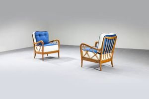 PAOLO BUFFA  nello stile di - Coppia di poltrone con struttura in legno  imbottitura rivestita in tessuto. Anni '50 cm 82x60x74