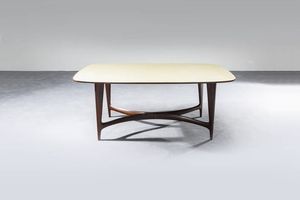 MOBILI LISSONE - Tavolo con struttura in legno  piano in vetro. Anni '50 cm 78x170x85