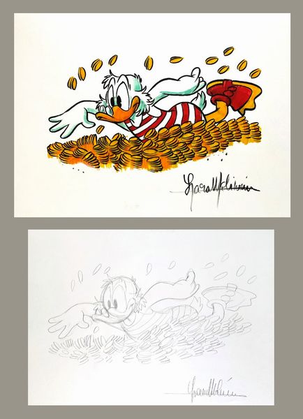 Lara Molinari : Zio Paperone: La migliore nuotata/ Pioggia di dollari <BR>  - Asta Fumetti d'Autore - Associazione Nazionale - Case d'Asta italiane