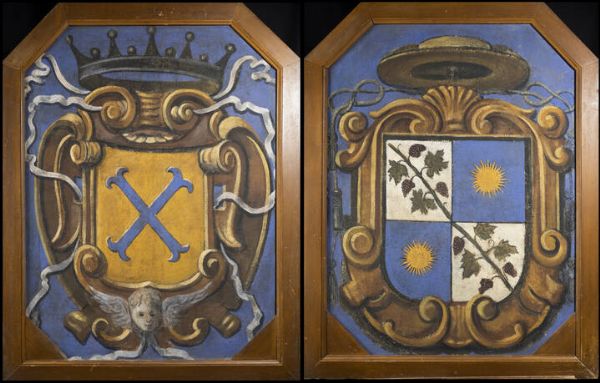 PITTORE ANONIMO Fine XVIII secolo : Coppia di stemmi araldici  - Asta  Dipinti, argenti e antiquariato - Associazione Nazionale - Case d'Asta italiane