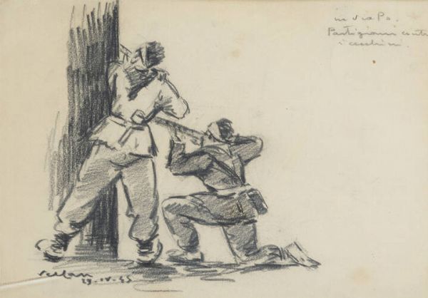FELICE VELLAN Torino 1889 - 1976 : In via Po - Partigiani contro i cecchini  29-IV-45  - Asta  Dipinti, argenti e antiquariato - Associazione Nazionale - Case d'Asta italiane