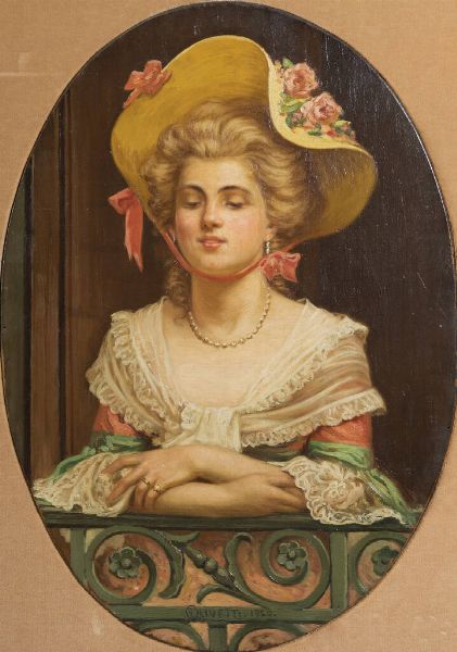 ERCOLE OLIVETTI Torino 1874 - 1941 : Dama al balcone  - Asta  Dipinti, argenti e antiquariato - Associazione Nazionale - Case d'Asta italiane