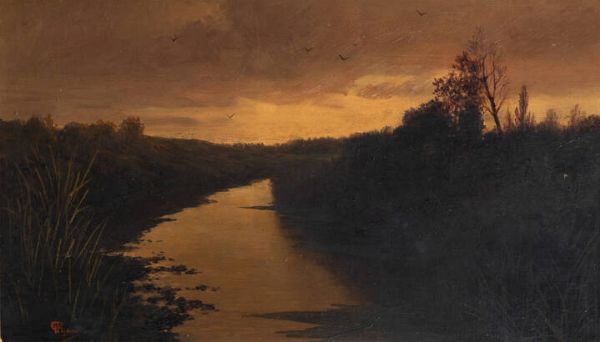 GIOVANNI PISANO Sevi (NU) 1875 - 1964 Torino : Tramonto sull canale  - Asta  Dipinti, argenti e antiquariato - Associazione Nazionale - Case d'Asta italiane