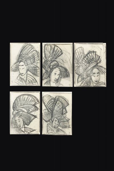 GOLIA (Eugenio Colmo) Torino 1885 - 1967 : Cinque disegni a soggetto di donne orientali  - Asta  Dipinti, argenti e antiquariato - Associazione Nazionale - Case d'Asta italiane