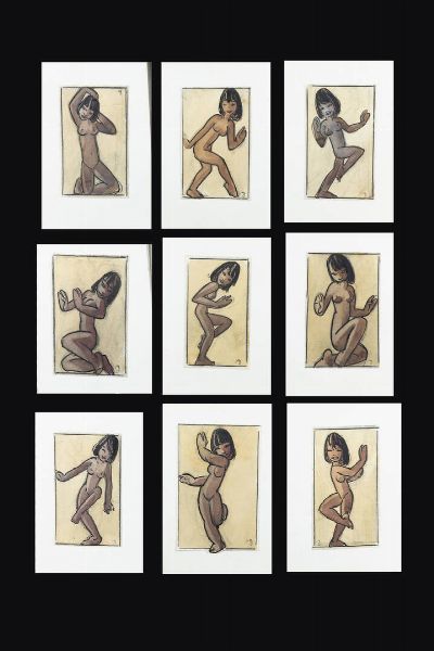 GOLIA (Eugenio Colmo) Torino 1885 - 1967 : Nove nudini di danzatrici orientali 1958  - Asta  Dipinti, argenti e antiquariato - Associazione Nazionale - Case d'Asta italiane