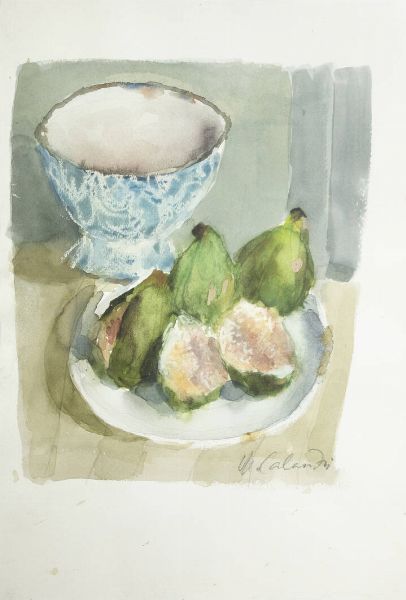 MARIO CALANDRI Torino 1914 - 1993 : Fichi con scodella 1986  - Asta  Dipinti, argenti e antiquariato - Associazione Nazionale - Case d'Asta italiane