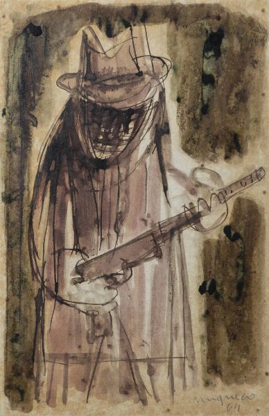 GIUSEPPE MIGNECO Messina 1908 - 1997 Milano : Figura con fucile 1964  - Asta  Dipinti, argenti e antiquariato - Associazione Nazionale - Case d'Asta italiane