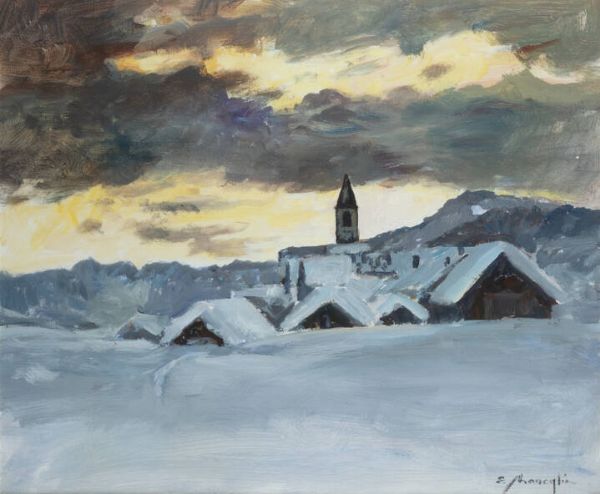 EDMONDO MANEGLIA Koziu (Turchia) 1925 - 2003 Torino : Case sotto la neve  - Asta  Dipinti, argenti e antiquariato - Associazione Nazionale - Case d'Asta italiane