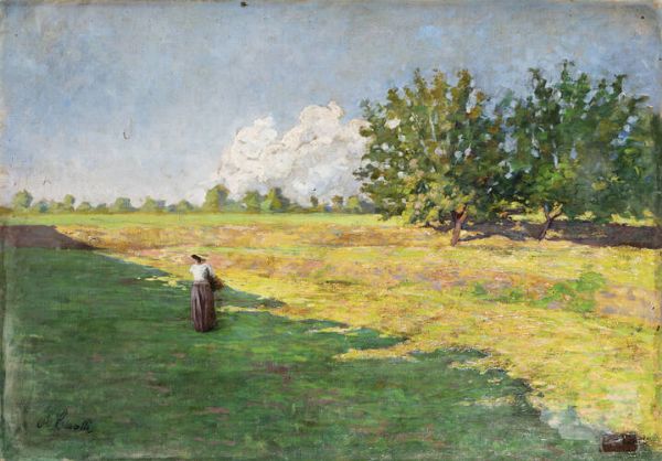 ALESSANDRO CAVALLI attivo XIX-XX : Paesaggio estivo con contadina  - Asta  Dipinti, argenti e antiquariato - Associazione Nazionale - Case d'Asta italiane