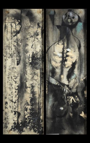 DEDALO MONTALI Cagliari 1909 - 2001 Rodello (TO) : Coppia di dipinti 1 - Composizione 1964 2 - Figura  - Asta  Dipinti, argenti e antiquariato - Associazione Nazionale - Case d'Asta italiane