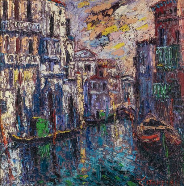 DINO COSTANTINI Marino (RM) 1940 - 2004 : Paesaggio veneziano - Canal Grande  - Asta  Dipinti, argenti e antiquariato - Associazione Nazionale - Case d'Asta italiane