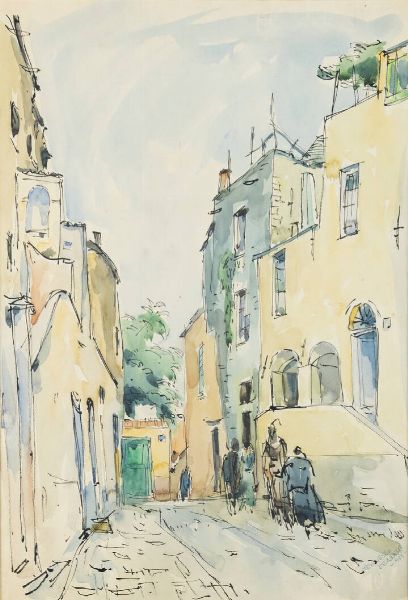 TEONESTO DEABATE Torino 1898 - 1981 : Strada di paese 1958  - Asta  Dipinti, argenti e antiquariato - Associazione Nazionale - Case d'Asta italiane