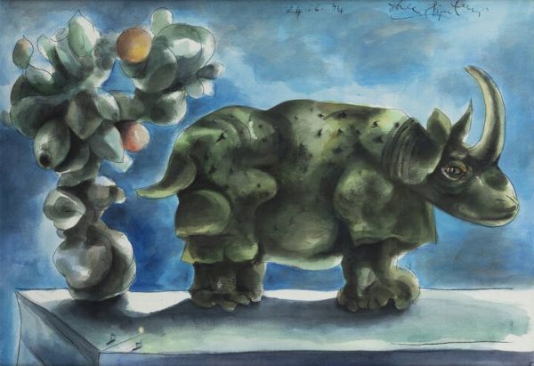 ERCOLE PIGNATELLI Lecce 1935 : Rinoceronte come soprammobile 24/6/1974  - Asta  Dipinti, argenti e antiquariato - Associazione Nazionale - Case d'Asta italiane