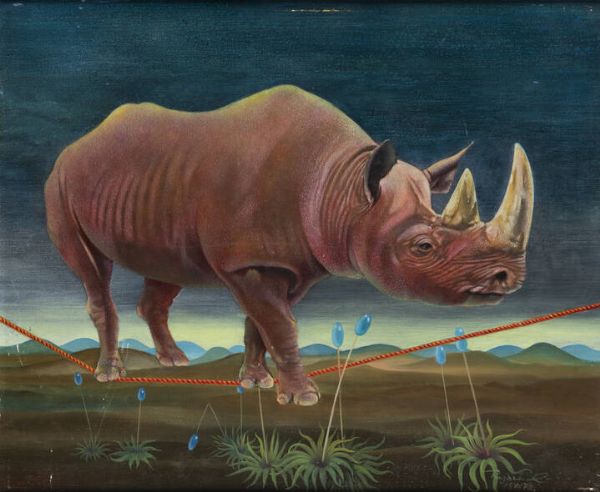 KURT REGSCHEK Vienna (Austria)1923 - 2005 Vienna : Rinoceronte sulla fune  1972  - Asta  Dipinti, argenti e antiquariato - Associazione Nazionale - Case d'Asta italiane