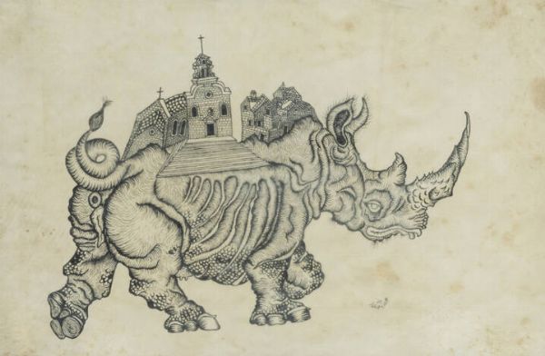 HRVOJE SERCAR Zagabria (Croazia) 1936 - 2014 : Chiesa su rinoceronte  - Asta  Dipinti, argenti e antiquariato - Associazione Nazionale - Case d'Asta italiane