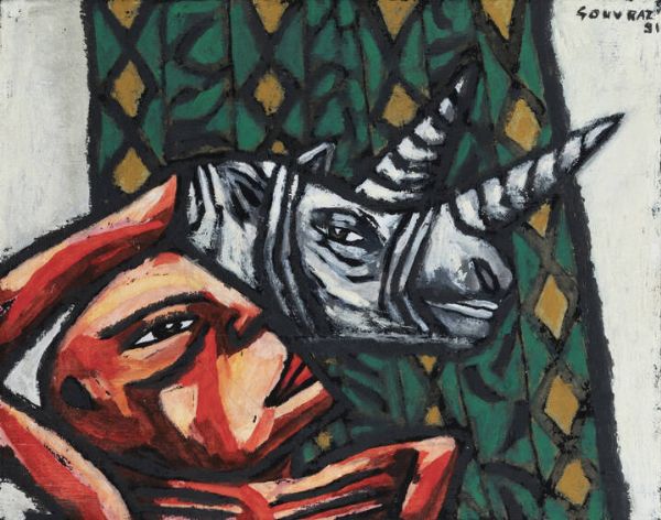 JEAN JACQUES SOUVRAZ : Uomo e rinoceronte  1991  - Asta  Dipinti, argenti e antiquariato - Associazione Nazionale - Case d'Asta italiane