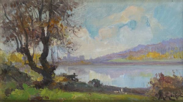 MARIO GACHET Torino 1879 - 1981 : Il lago di Avigliana  - Asta  Dipinti, argenti e antiquariato - Associazione Nazionale - Case d'Asta italiane