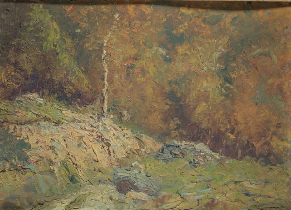 BENEDETTO GHIVARELLO Torino 1882 - 1955 : Paesaggio boschivo  - Asta  Dipinti, argenti e antiquariato - Associazione Nazionale - Case d'Asta italiane