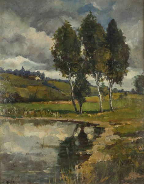 CARLO MUSSO Balangero (TO) 1907 - 1968 : Paesaggio campestre con stagno  - Asta  Dipinti, argenti e antiquariato - Associazione Nazionale - Case d'Asta italiane