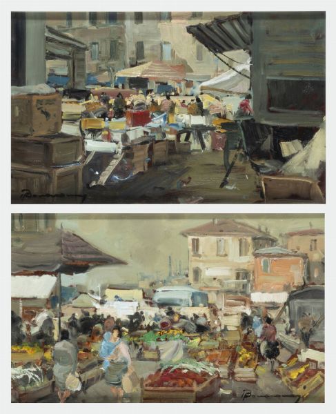 ARTURO BONANOMI Calolziocorte (LC) 1920 - 2010 : Coppia di dipinti con vedute di mercati  - Asta  Dipinti, argenti e antiquariato - Associazione Nazionale - Case d'Asta italiane