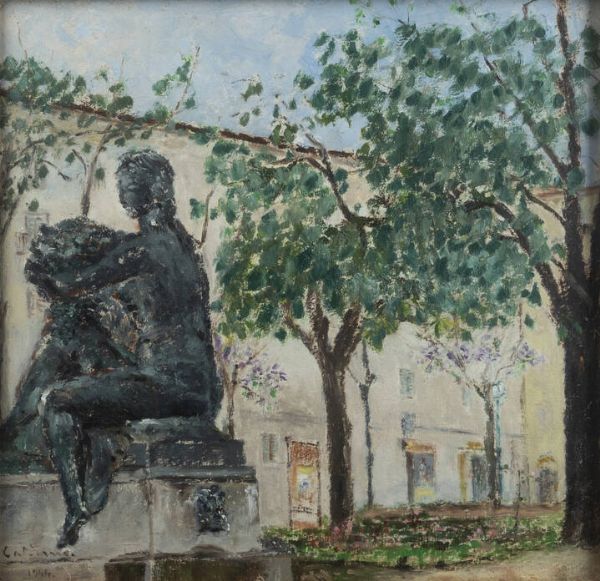 GIOSUE' CALIERNO Caserta 1897 - 1968 Pietra Ligure (SV) : Fontana delle quattro stagioni in piazza Solferino a Torino (particolare) 1944  - Asta  Dipinti, argenti e antiquariato - Associazione Nazionale - Case d'Asta italiane